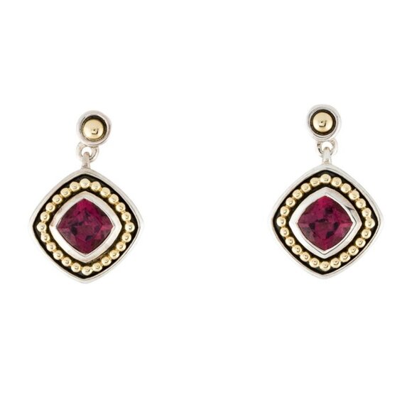 LAGOS GARNET 14K 585 YELLOW GOLD  STERLING SILVER 925  DROP EARRINGS - Picture 1 of 8